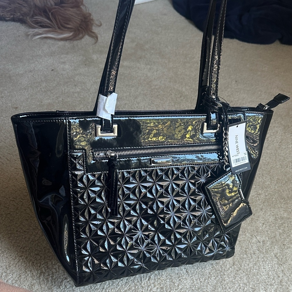 Nine West Glossy Black Geometric Tote